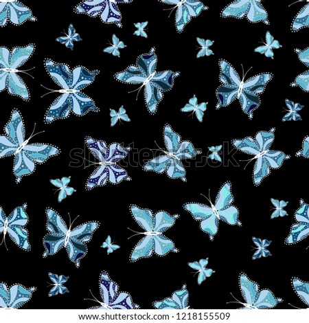 Simple feminine pattern for card, print, invitation. Suitable for paper, fabric, packaging. Vector illustration. Seamless. Collection of colorful butterfly on neutral, blue and black background.