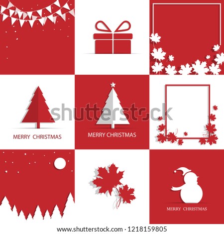 Merry Christmas greeting card set. A set of nine on white and red background.Have a tree ,gift and card for merry Christmas day.