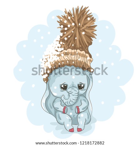 Cute baby elephant in knitted hat cartoon hand drawn vector illustration. Can be used for baby t-shirt print, fashion print design, children wear, baby shower celebration, greeting and invitation card
