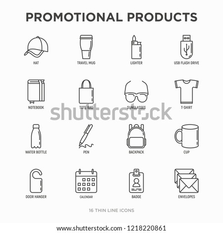 Promotional products thin line icons set: notebook, tote bag, sunglasses, t-shirt, water bottle, pen, backpack, cup, hat, travel mug, usb, lighter, calendar. Modern vector illustration. Royalty-Free Stock Photo #1218220861