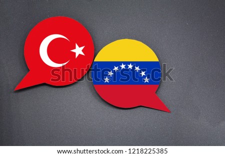 Turkey and Venezuela flags with two speech bubbles on dark gray background