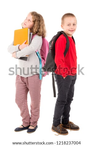 Young couple of students posing isolated in white
