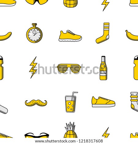 Vector illustration seamless pattern with sport icons: sunglasses, socks, banana, stopwatch, water bottle, sneakers, lightning, lemonade with glass, pineapple
