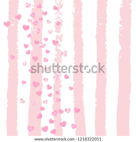 Pink glitter hearts confetti  on white stripes. Sequins with metallic shimmer and sparkles. Template with pink glitter hearts for party invitation, event banner, flyer, birthday card.