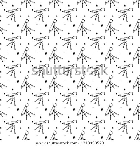 Seamless pattern hand drawn telescope. Doodle black sketch. Sign symbol. Decoration element. Isolated on white background. Flat design. Vector illustration.