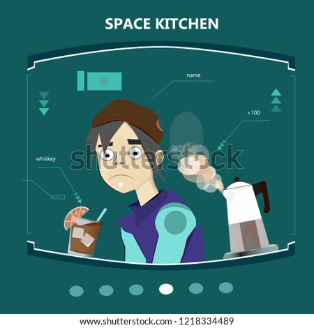 Space kitchen on a box with charts. Vector illustration in cartoon style