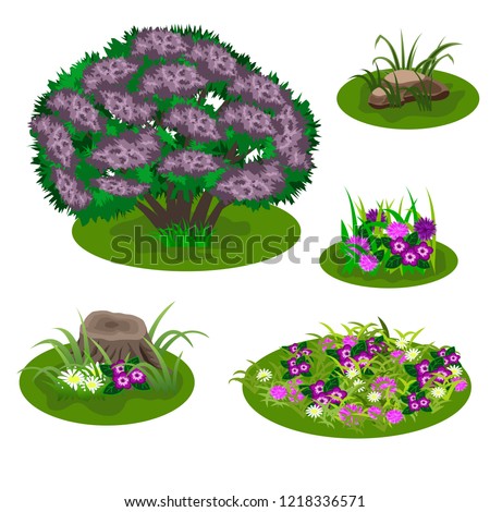 Set of landscape elements for summer forest or garden scene design. Bush, lilac in blossom, flowers in grass, stubs. Tile set for cartoon or video game asset. Vector illustration