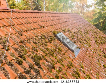 Inspection of the red tiled roof of a single-family house, inspection of the condition of the tiles on one roof side.
