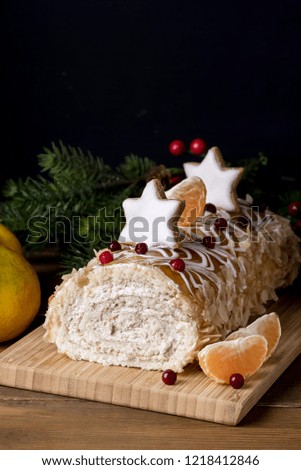 Christmas Tasty Homemade Cake Decorated with Berries Citrus and Gingerbread Cookies Wooden Background Christmas Food Holidays Menu Vertical