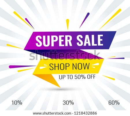 Super Sale, Mega. this weekend special offer banner, up to 10% 30% 50% 60% off. Vector illustration. Royalty-Free Stock Photo #1218432886