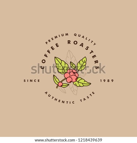 Vector line icon of coffee tree branch. Coffee plant linear logo