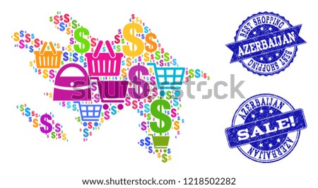 Best shopping composition of mosaic map of Azerbaijan and rubber seals. Vector blue seals with unclean rubber texture for sales. Flat design for promotion templates.