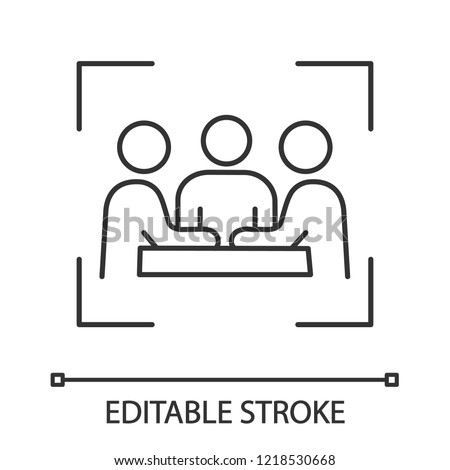 Partners, investors, businessmen linear icon. Company meeting, conference. Thin line illustration. Friends, colleagues, coworkers. Board of directors. Vector isolated outline drawing. Editable stroke Royalty-Free Stock Photo #1218530668