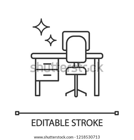 Cleaning table desk linear icon. Thin line illustration. Keeping workplace clean. Tidy home or office desk. Contour symbol. Vector isolated outline drawing. Editable stroke