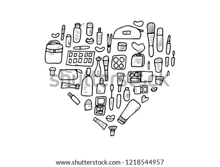 Vector heart badge of beauty items. Set of doodle style cosmetic tools. Makeup collection. Coloring page.