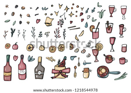 Vector set of mulled wine elements and objects. Collection of wine bottles, glasses, ingredients for hot beverage in doodle style on white background.