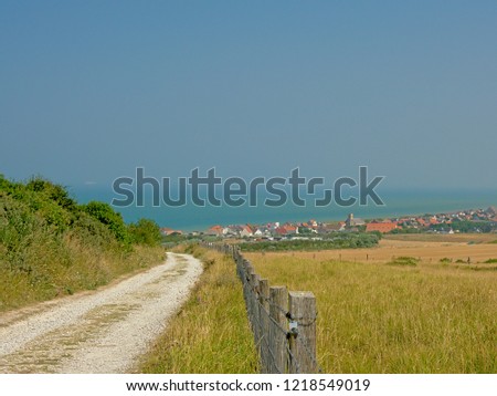 SANGATTE, FRANCE, 27 JULY, 2018, Path through the fields on the cliffs of the French Opal North Sea coast, towards the village of Sangatte, 27 July 2018