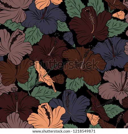 Doodle sketch style, hand-drawn illustration. Seamless floral pattern with hibiscus flowers, leaves, decorative elements, splash, blots and drop in gray, brown and black colors.