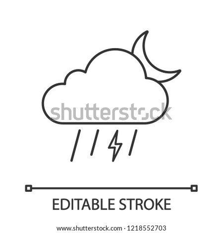 Night thunderstorm linear icon. Thunder storm. Thin line illustration. Lightning storm. Stormy. Cloud, lightning, rain, moon. Weather forecast. Contour vector isolated outline drawing. Editable stroke