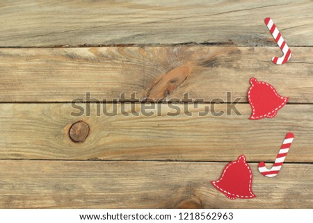 Christmas composition on wooden background with blank space for ads. Top view