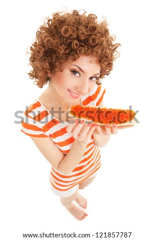 fun woman eating the sandwich with red caviar on the white background