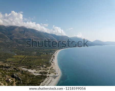 Aerial view of Qeparo beach in Albanian Riviera in autumn
