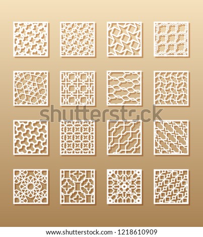 12 laser patterns for room walls in the Arabic style. Traditional oriental ornament in a rectangle for the design of a screen, privacy panels, a fence. Laser cutting of paper, vinyl, plywood, wood.