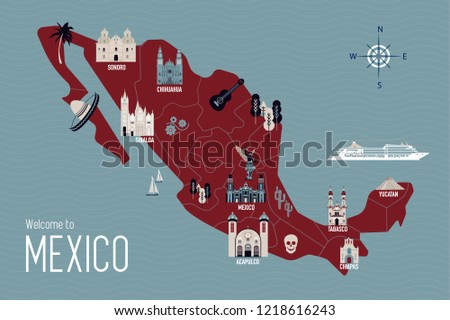 Mexico cartoon travel map vector illustration with landmarks and cities, roadmap. Postcard concept with the most interesting place for visit. Business travel and tourism concept clipart, icons.