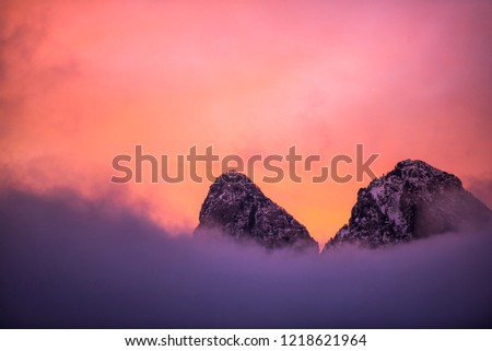 Clouds in the mountains at the winter