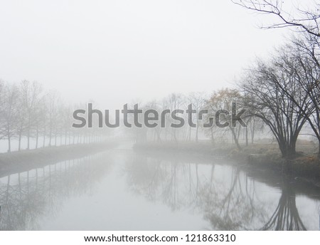 Misty lake in morning