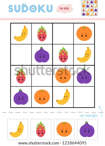 Sudoku for children, education game. Set of fruits with funny faces. Use scissors and glue to fill the missing elements