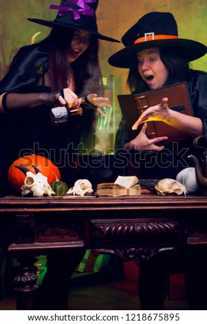 Picture of two witches brunettes in black hats, potion