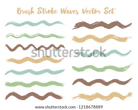 Minimalist brush stroke waves vector set. Hand drawn brown blue brushstrokes, ink splashes, watercolor splats, hand painted curls. Interior colors guide book samples. Textured waves, stripes design.