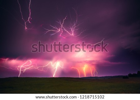 Composite landscape image of lightning thunder-storm, Lithuania