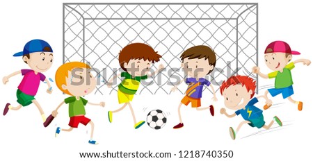 Group of boys playing soccer illustration