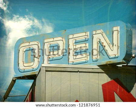   aged and worn vintage photo of open sign