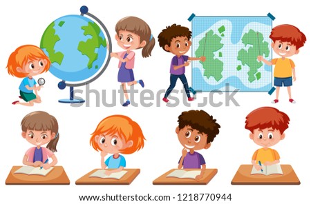 Children with learning tools on white background  illustration