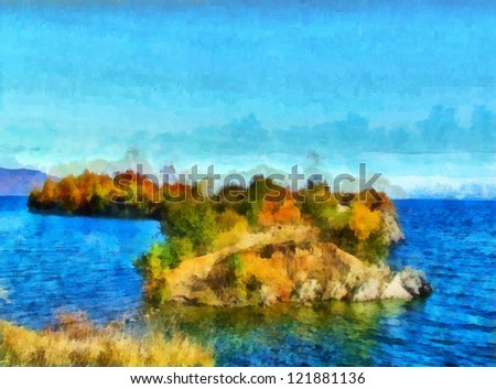 Digital structure of painting. Little island in the river
