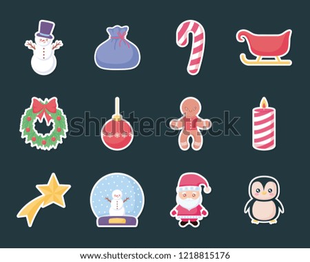 penguin with set icons of christmas
