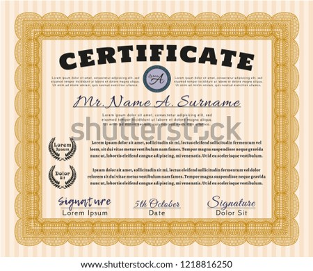 Orange Awesome Certificate template. Beauty design. With great quality guilloche pattern. Vector illustration. 