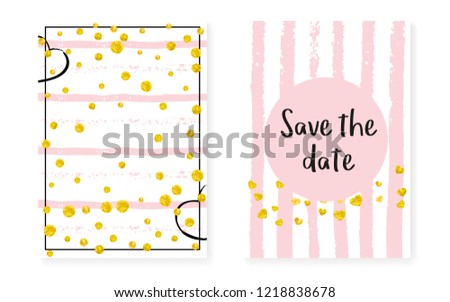 Gold glitter dots with sequins. Wedding and bridal shower invitation cards set with confetti. Vertical stripes background. Creative gold glitter dots for party, event, save the date flyer.