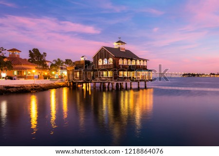 Vintage House in the sea with beautiful sky. The Pier Cafe in Seaport Village, San Diego. 