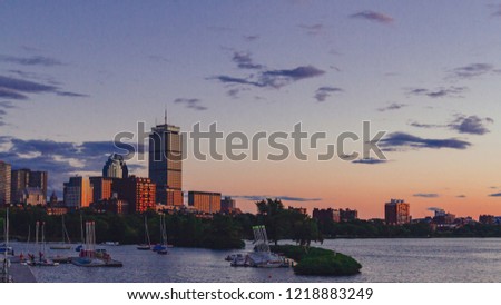 View of Boston Skyline over Charles River at Sunset in Boston, USA Royalty-Free Stock Photo #1218883249