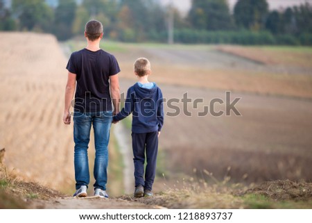 Back view of young father and son walking together holding hands by grassy field on blurred foggy green trees and blue sky background. Active lifestyle, family relations, weekend activity concept.