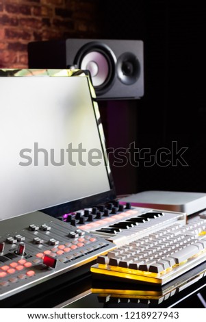 recording equipment in home studio, music production concept