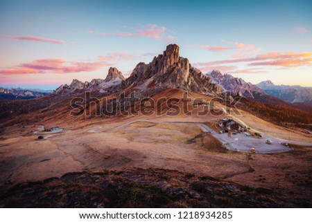 Majestic morning in Passo di Giau with peak Ra Gusela. Location place Dolomiti Alps, Cortina d'Ampezzo, South Tyrol, Italy, Europe. Scenic image of tourist attraction. Discover the beauty of earth.