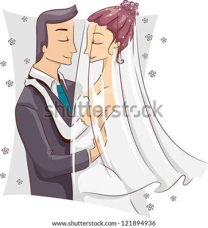 Illustration of a Bride and Groom About to Kiss