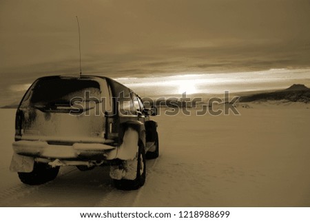 View of an Iceland winter sunset from an SUV