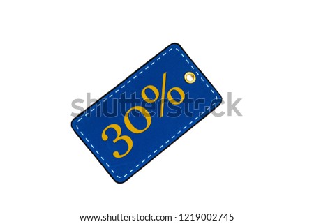 Discount tags or labels for sale in denim color with space for text. Discount card isolated on white background. Close-up.