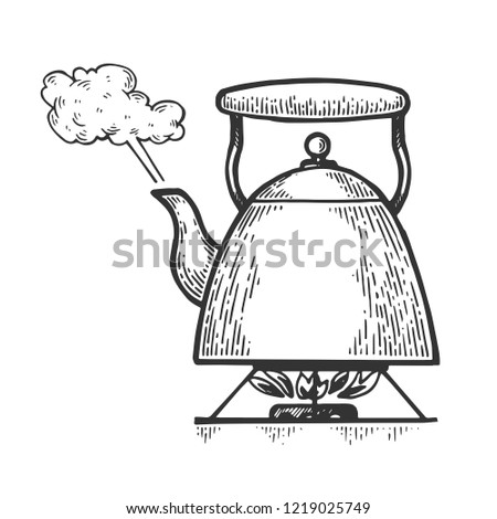 Boiling kettle teapot engraving raster illustration. Scratch board style imitation. Hand drawn image.